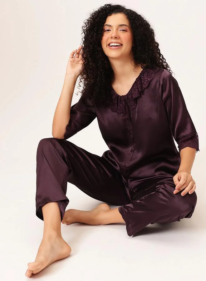Clovia Satin Button Down Shirt and Pyjama Set